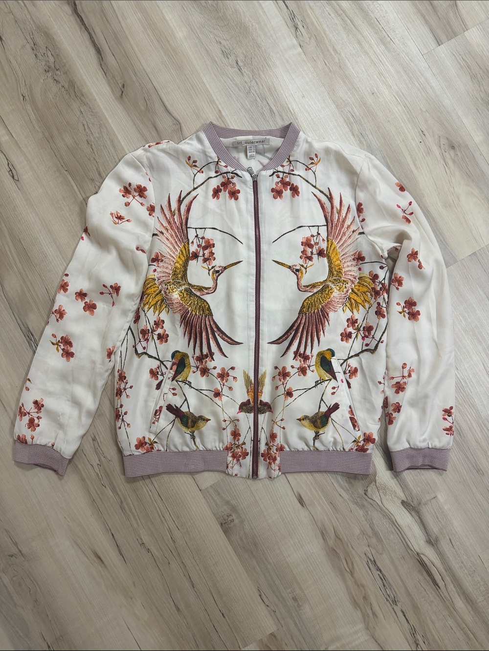 Embroidered Crane Bomber Jacket - White with Pink Trim